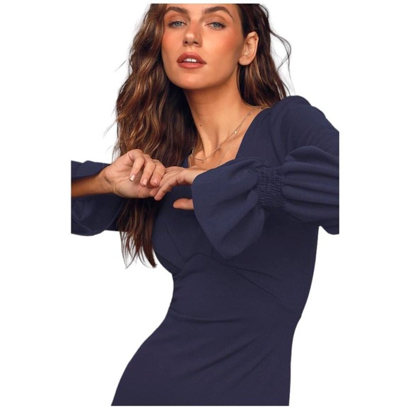 Lulus Womens Medium Style And Flare Ruffled Long Sleeve Mini Dress Navy Blue - Picture 15 of 16